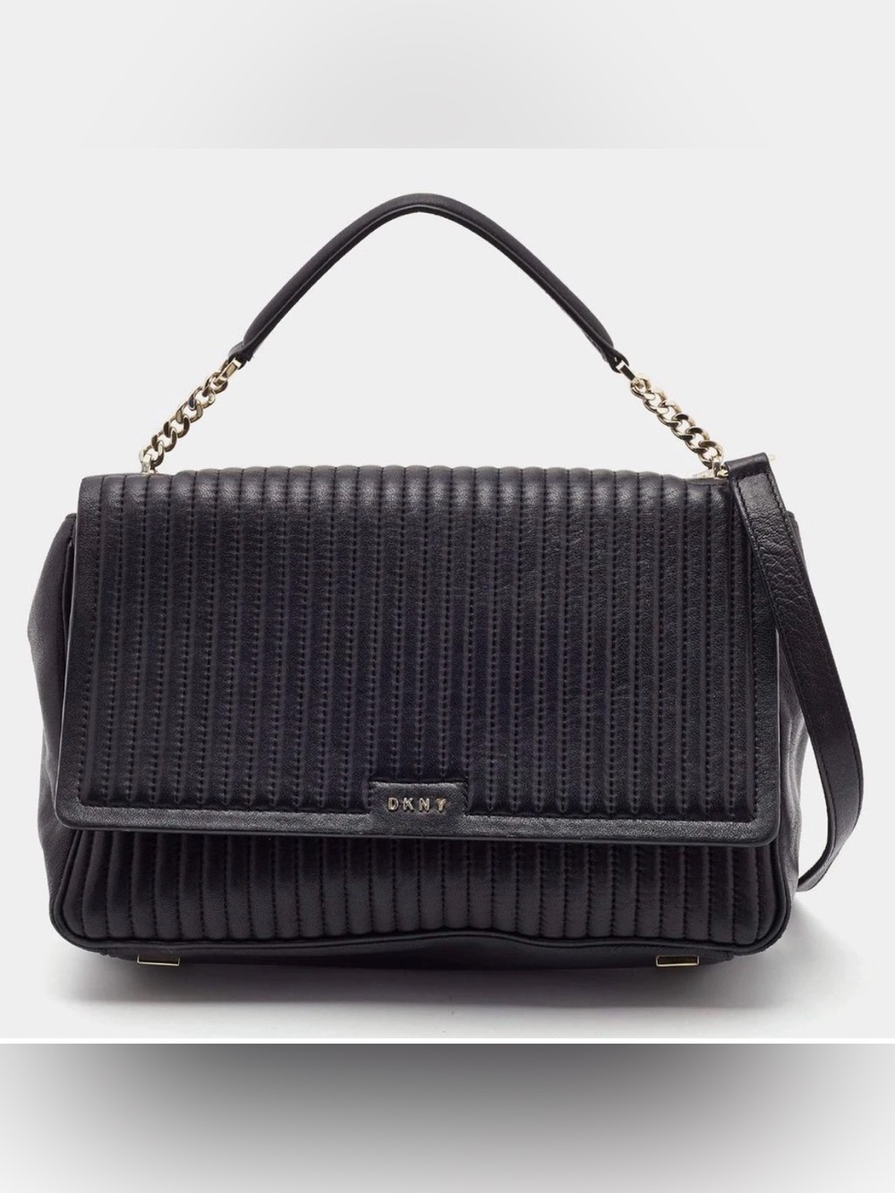 Donna Karan Quilted Leather Flap Shoulder Bag. Black/Gold.